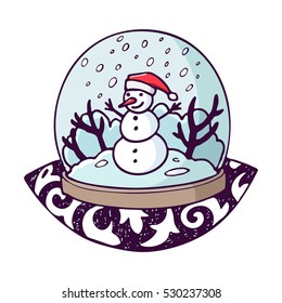 Christmas illustration with snow globe with a snowman; colored vector picture.