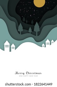 Christmas illustration with snow, village, tree, moon, yellow, big moon made of vector with paper cut technique.