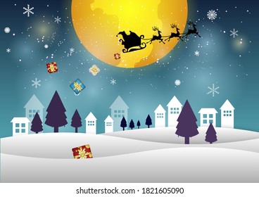 Christmas illustration with snow, village, trees and santa cruz riding deer, giving gifts through big yellow moon, made from vector.