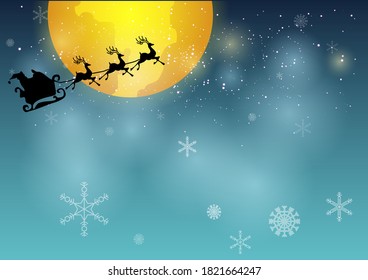 Christmas illustration with snow, village, trees and santa cruz riding deer, giving gifts through big yellow moon, made from vector.