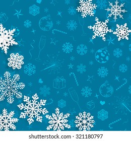 Christmas illustration with snowflakes cut out of paper on light blue background of Xmas symbols