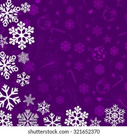 Christmas illustration with snowflakes cut out of paper on purple background of Xmas symbols
