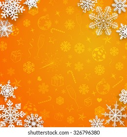 Christmas illustration with snowflakes cut out of paper on orange background of Xmas symbols