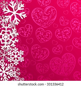 Christmas illustration with snowflakes on background of hearts in red colors