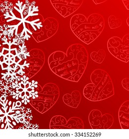 Christmas illustration with snowflakes on background of hearts in red colors
