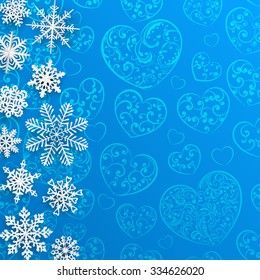 Christmas illustration with snowflakes on background of hearts in light blue colors