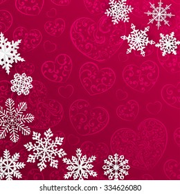 Christmas illustration with snowflakes on background of hearts in red colors