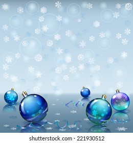 Christmas illustration with snowflakes, several Xmas balls and serpentine on a mirror surface