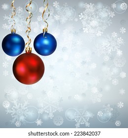 Christmas illustration with snowflakes, several Xmas balls and serpentine