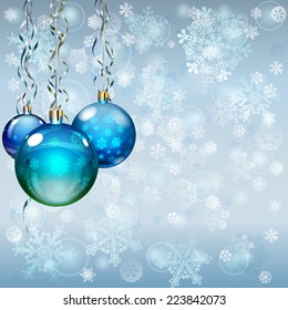 Christmas illustration with snowflakes, several Xmas balls and serpentine
