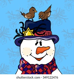 Christmas illustration. Snowman with birds in the hat. Christmas card.