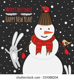 Christmas illustration with snowman , birds and rabbits