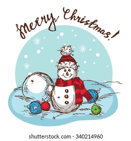 Christmas Illustration With Snowman - New Year Postcard In Retro style With Text  - Vector.