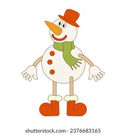 Christmas illustration of a snowman in retro groovy style. Cartoon character on a white background. Vector.