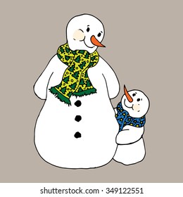 Christmas illustration. Snowmen in scarves, adults and children. Christmas card.