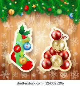 Christmas illustration with sock and baubles on wooden background. Vector illustration eps10