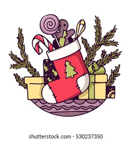 Christmas illustration with a sock, sweets, gifts and fir branches; colored vector picture.