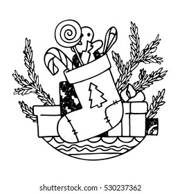 Christmas illustration with a sock, sweets, gifts and fir branches; contour drawing.