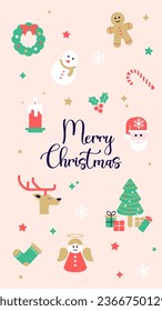 Christmas illustration. Story Merry Christmas, Santa Claus, holly leaf, sock, reindeer, fir tree, candle, sleigh, snowman, Christmas wreath, candy cane, angel, gingerbread man