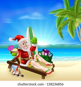 Christmas illustration of summer Santa relaxing in on the beach under a coconut tree with surf board, gift sack and other holiday items with a drink and wearing board shorts and flip flop sandals.