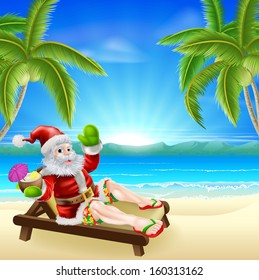 Christmas illustration of summer Santa relaxing in a sun lounger on the beach under a palm tree with a drink and wearing Bermuda or Hawaiian board shorts and flip flop sandals.