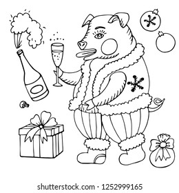 Christmas illustration with the symbol of the year - Pig. The illustration is drawn in the old Russian style