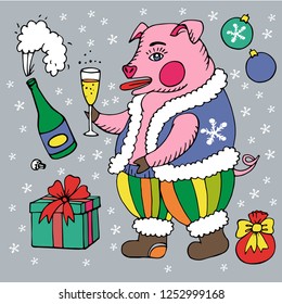 Christmas illustration with the symbol of the year - Pig. The illustration is drawn in the old Russian style