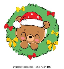 christmas illustration with teddy bear hand drawn cute vector sketch