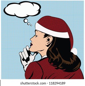  Christmas illustration of a thinking woman in a pop art/comic style dressed as Santa girl