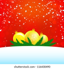 Christmas illustration of three balls, branches and snow with empty text area