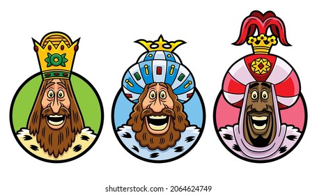 Christmas illustration of the three Magician Kings: Melchor, Gaspar and Baltasar. In color, with black border lines and cartoon style.