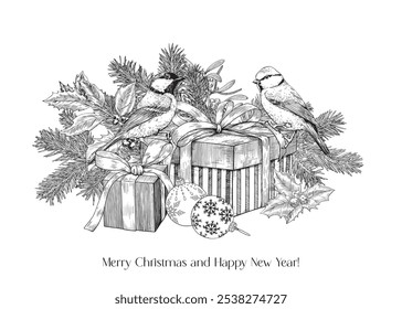 Christmas illustration with tit birds, gifts boxes bows ball fir branches. Black white. Hand drawn engraved Vintage Vector background for design holiday decor, greeting card