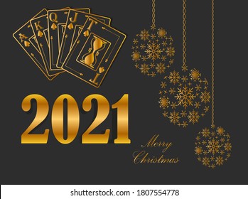 Christmas illustration with Christmas toys, snowflakes and playing cards