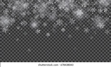 Christmas illustration of translucent falling snowflakes in white colors on transparent background. Transparency only in vector file