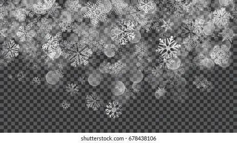 Ilustração de Natal de flocos de neve em queda translúcida em cores brancas sobre fundo transparente. Transparência somente em arquivo de vetor
