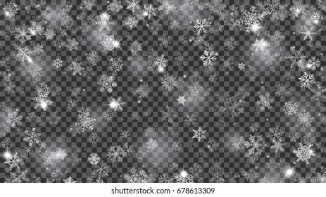 Christmas illustration of translucent falling snowflakes in white colors on transparent background. Transparency only in vector file