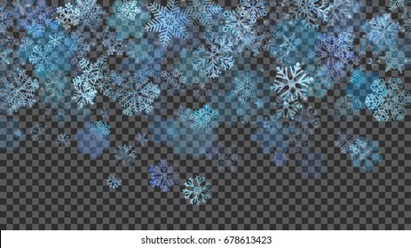 Christmas illustration of translucent falling snowflakes in light blue colors on transparent background. Transparency only in vector file