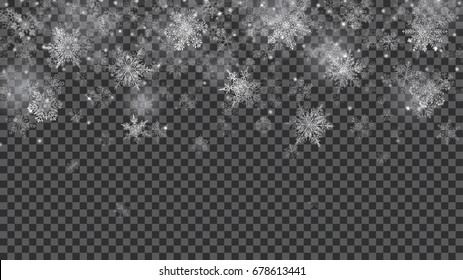 Christmas illustration of translucent falling snowflakes in white colors on transparent background. Transparency only in vector file