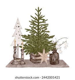 Christmas illustration with Christmas tree and Christmas accessories