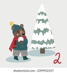Christmas illustration with Christmas tree, bear and numbers for advent calendar