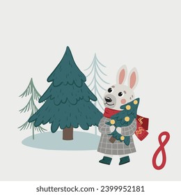 Christmas illustration with Christmas tree, bunny and numbers for advent calendar