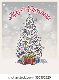 Christmas illustration with christmas tree fir with toys and gifts under it. Christmas card.