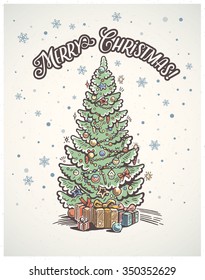 Christmas illustration with christmas tree fir with toys and gifts under it. Christmas card.