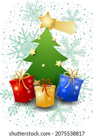Christmas illustration with tree, gift and snowflake on white background. Vector eps10