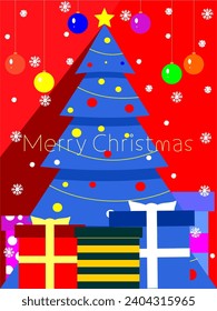 Christmas illustration with tree, gifts and Christmas decorations in vector.