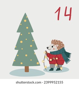 Christmas illustration with Christmas tree, hedgehog and numbers for advent calendar