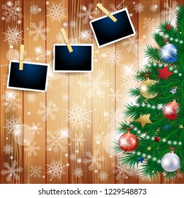 Christmas illustration with tree and photo frames on wooden background. Vector eps10