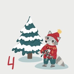 Christmas Illustration With Christmas Tree, Raccoon And Numbers For Advent Calendar