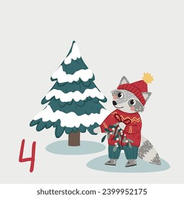 Ilustración navideña con árbol de Navidad, mapache y números para calendario de llegada