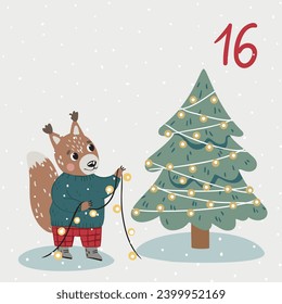 Christmas illustration with Christmas tree, squirrel and numbers for advent calendar